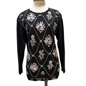 Worthington sz S vintage black sweater with floral embroidery and rhinestones